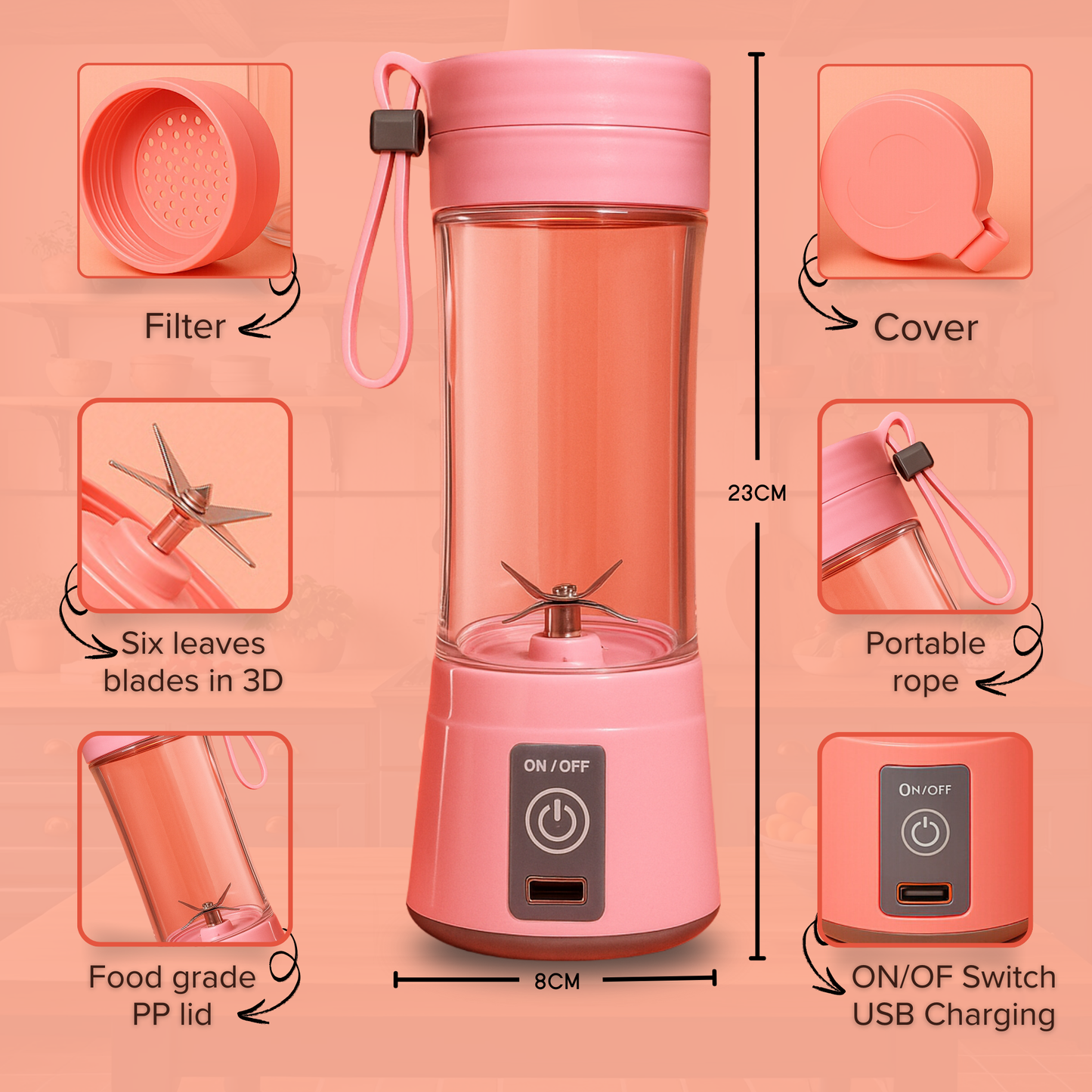Portable USB Rechargeable Juicer – 6 Blades | 70W Power | LED Indicator
